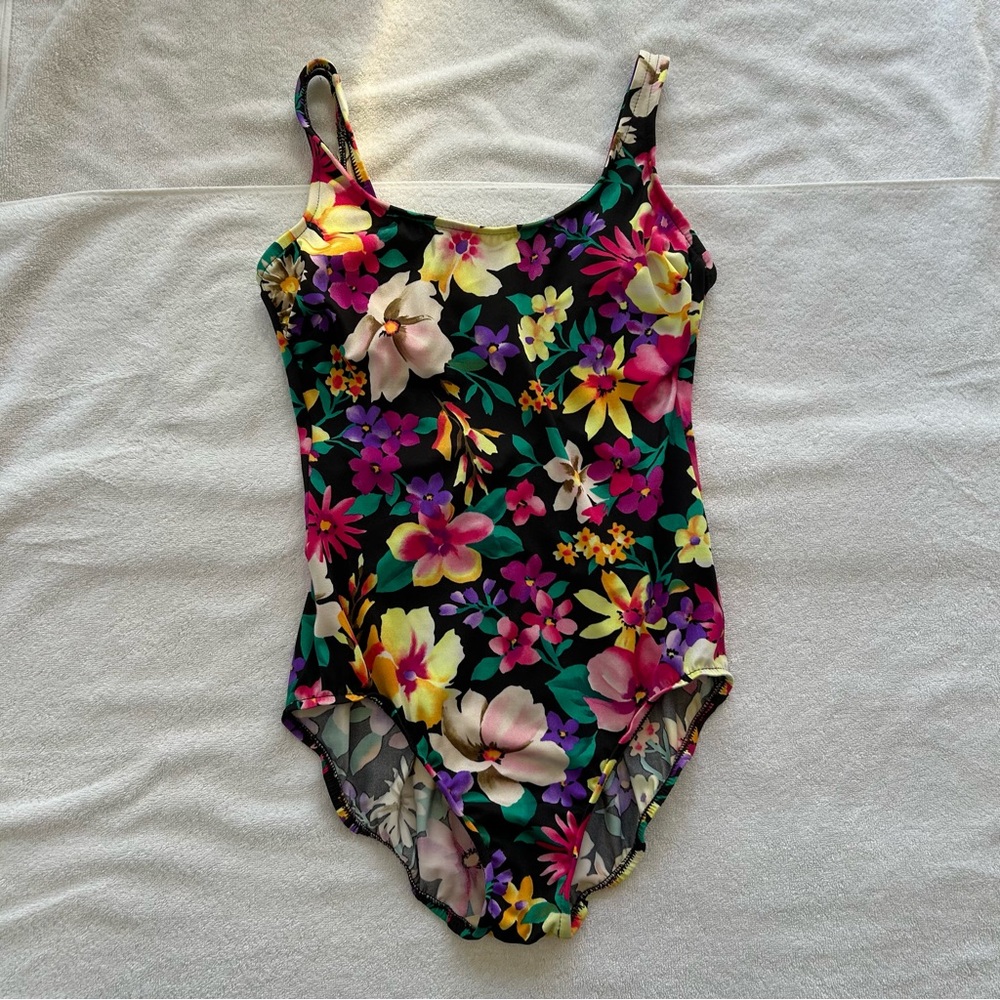 Lands' End Black Floral One-Piece Swimsuit Vintage